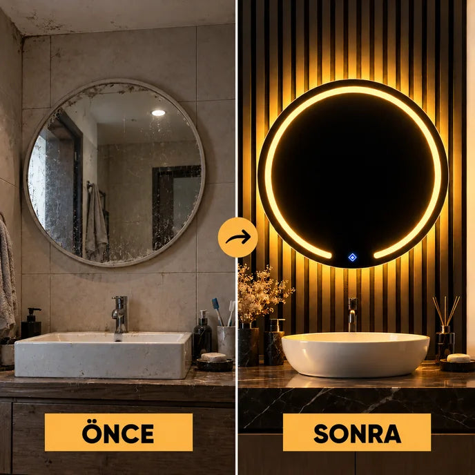 Ayneva LED ayna oncesi ve sonrasi karsilastirmasi